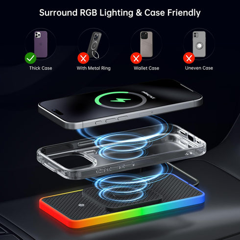 REESTECQI 15W iPhone16/15/14/13/12, (30CM+ 70CM Wireless Car Charger Pad, RGB Wireless Charger for Car Type C Non Slip