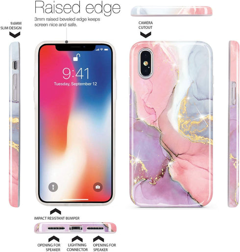 JIAXIUFEN Compatible iPhone X iPhone Xs Case, Gold Sparkle Glitter Marble Slim Shockproof TPU Cover, Pink Purple.