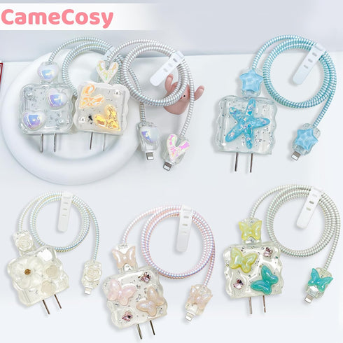 Cute Wave Cable Protector Compatible for iPhone Charger Adapter with Bling Pink Butterfly Laser Design, Data Line USB