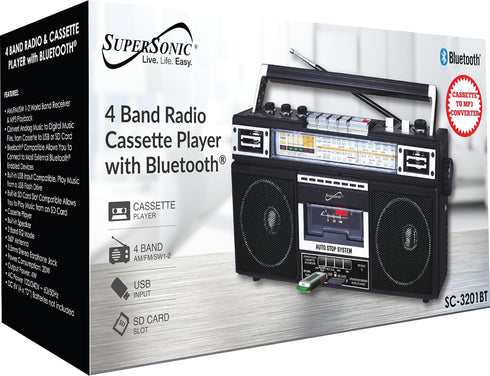 Supersonic SC-3201BT 4 Band Radio & Cassette Player - Bluetooth Speaker with MP3 Playback, USB, SD Card, Earphone Jack