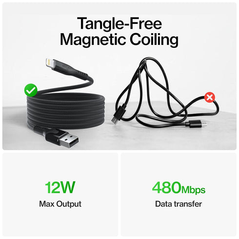 12W, 3FT Statik MagStack USB A to iPhone Cable MFi Certified, Clutter-Free Magnetic Charging Cable, Anti-Tangle Phone