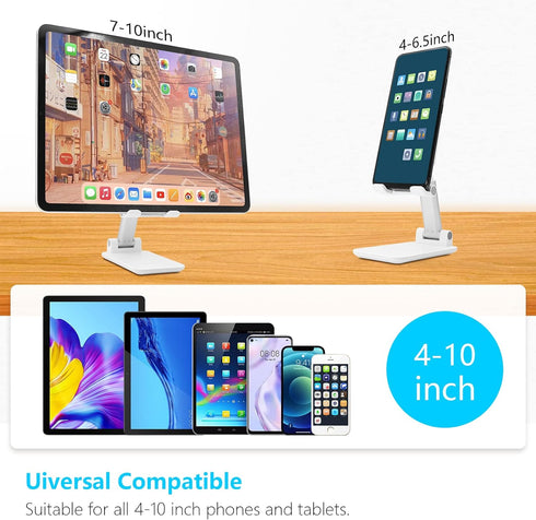Cell Phone Stand, Folding Desktop Phone Stand, Angle Height Adjustable Mobile Phone Holder for Desk, Office, Tablet Stand Compatible with All Phones 4-10’’ Cellphone & Tablet (White)