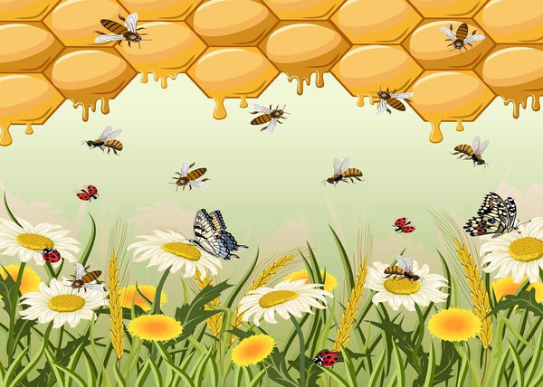 CORFOTO Fabric 10x8ft Honeycomb Bee Backdrop Golden Honeycomb Daisies Butterflies Insects Nature Scene