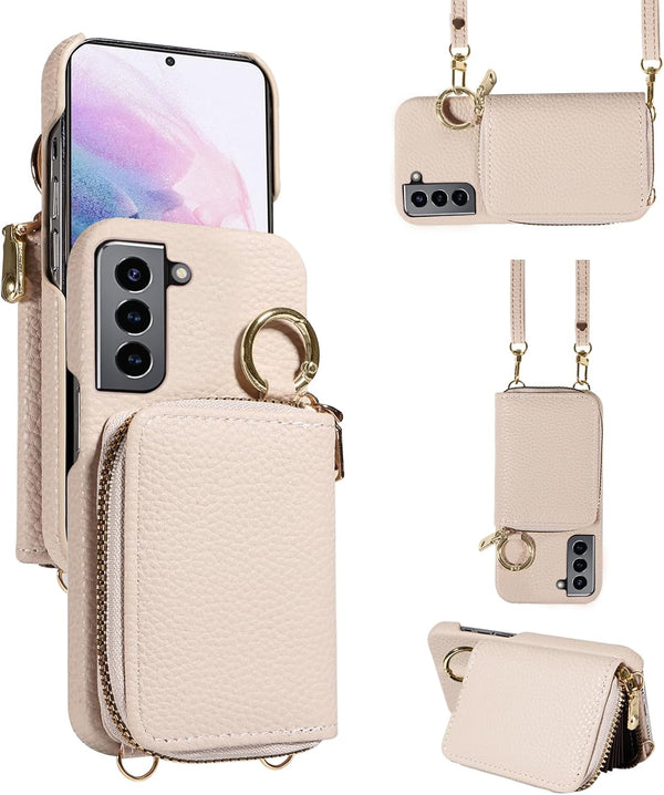 Furiet Wallet Case for Samsung Galaxy S21 5G, Shoulder Strap Ring Buckle, Luxury PU Leather Zipper Flip Organ Purse