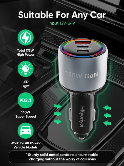 175W USB C Car Charger for iPhone 16, GaN PD3.1 140W+PD45W Super Fast Charging Adapter for iPhone 16 Pro Max
