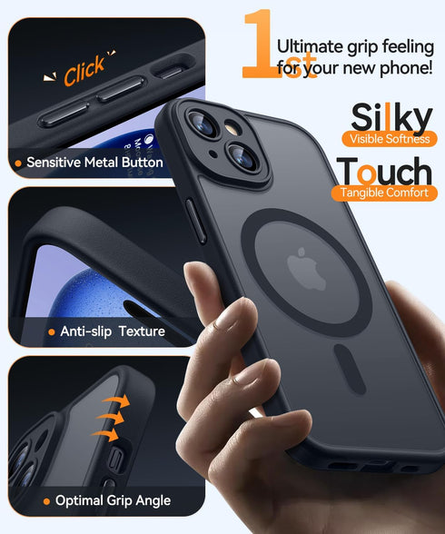 CANSHN Magnetic iPhone 15 Case, Shockproof Protective Cover with Full Camera Protection, Translucent Matte, Black