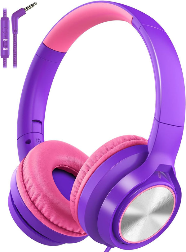 Kids Headphones with Microphone, Wired Over Ear Headsets with Limited Volume for Boys Girls Teens Online School/Travel