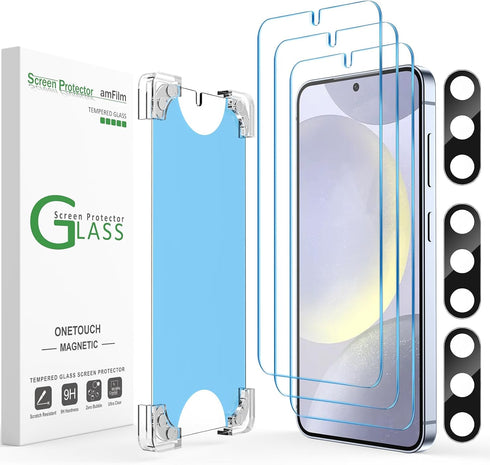 amFilm 3+3 Pack Auto-Alignment Magnetic OneTouch Tempered Glass Screen Protector for Samsung Galaxy S24 Plus 6.7” + 3