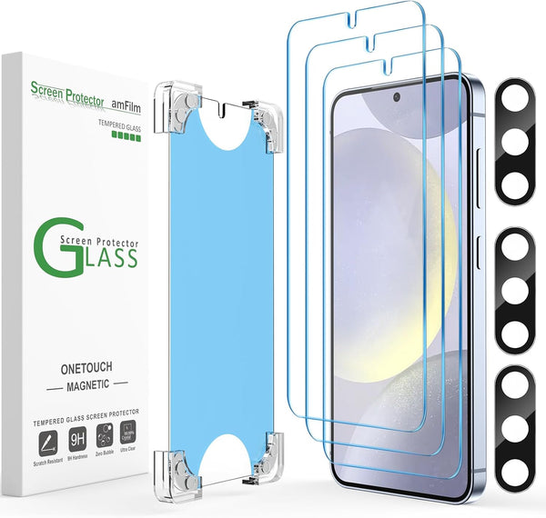 amFilm 3+3 Pack Auto-Alignment Magnetic OneTouch Tempered Glass Screen Protector for Samsung Galaxy S24 Plus 6.7” + 3