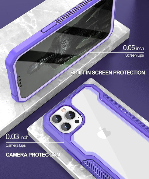 ANSHOW iPhone 12/12 Pro Case, Rugged 360° Full Body with Built-in Screen Protector, Clear Hard PC & Purple Silicone