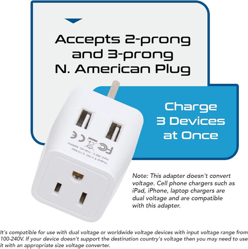 Ceptics UK Travel Adapter Plug - Type G with 2 USB + USA Socket Input - Ultra Compact & Safe Grounded for Cell Phones,