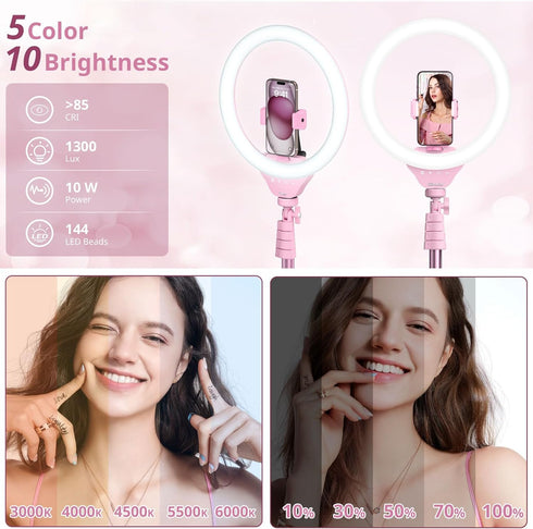 UBeesize 12'' Selfie Ring Light with 62’’ Tripod Stand for Video Recording, Live Streaming, Compatible with Phones, Pink