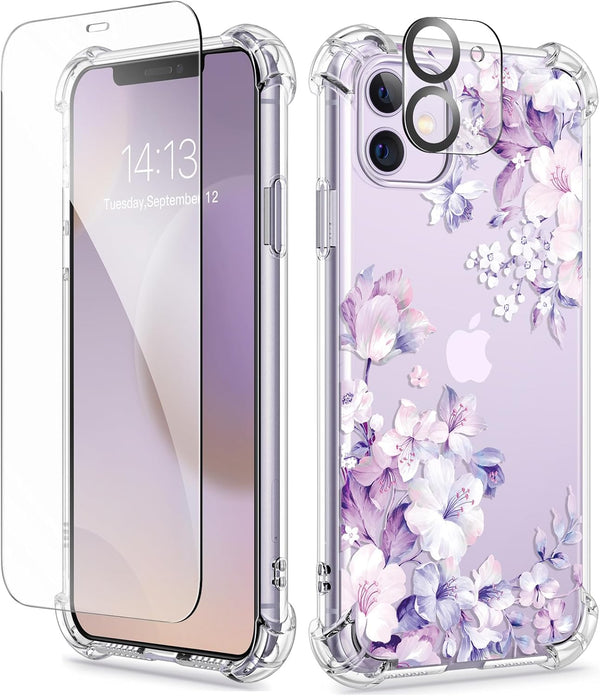 GVIEWIN Clear Soft TPU Case for iPhone 11 with Screen Protector + Camera Lens Protector, Flower Pattern 6.1"