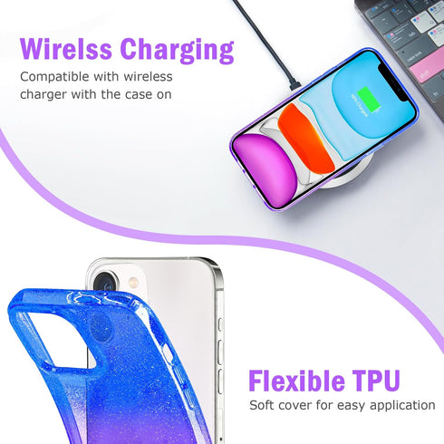 JJGoo iPhone 11 Case, Blue & Purple Gradient Clear Glitter Sparkle Shock Absorption Protective Phone Case for Women