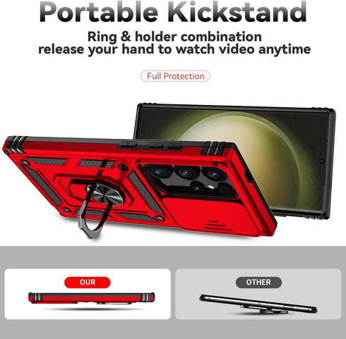 SunStory Military-Grade Full Body Protective Case for Samsung Galaxy S24 Ultra with Kickstand & Slide Camera Cover, Red