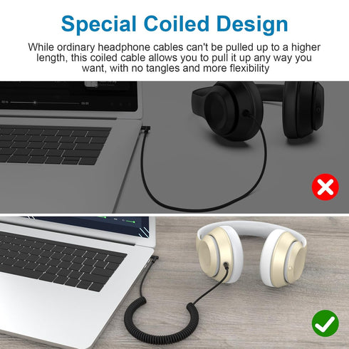 Replacement Coiled Audio Cable for Studio2, 3.5mm to 3.5mm Aux Headphone Cord Compatible with Beats by Dr Dre Solo2
