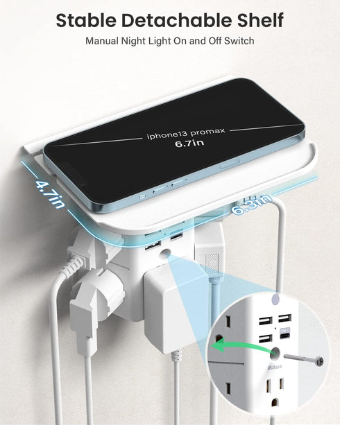 Wall Outlet Extender with Shelf and Night Light, Surge Protector, USB Wall Charger with 5 AC Outlets