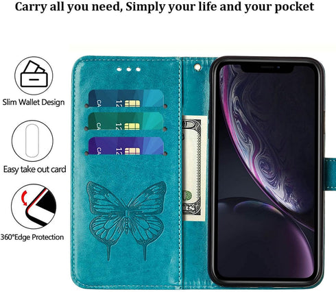 Phone Case for iPhone XR Wallet, Butterfly Floral Embossed PU Leather Flip Cover with Card Holder and Wrist Strap