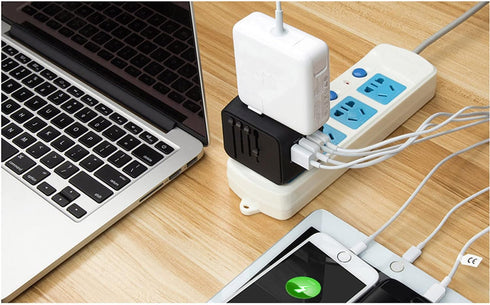 Universal Travel Power Adapter with High Speed 2.4A USB, 3.0A Type-C, Worldwide AC Outlet Plugs, Black