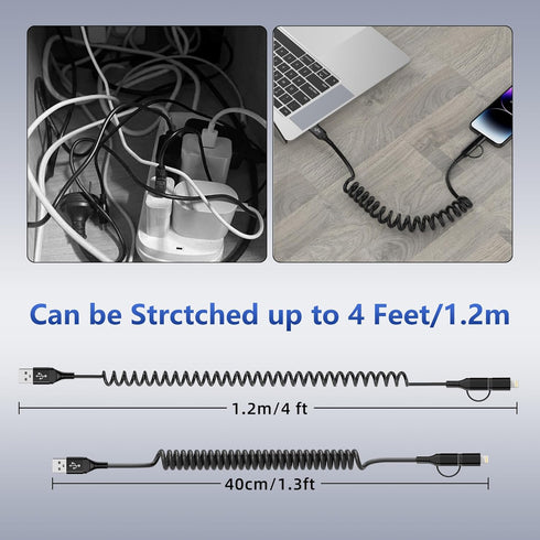 USB to USB-C and Lightning Cable 2 in 1, Short Coiled, 3A Fast Charge & Data Sync, Support Apple Carplay & Android Auto