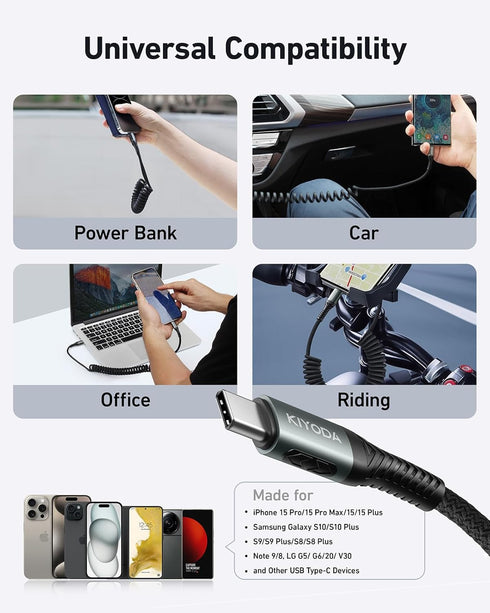 USB C to USB C Cable Nylon Braided Coiled Charger Cable 3FT for Car, Fast Charging for Samsung Galaxy Devices (2Pack)
