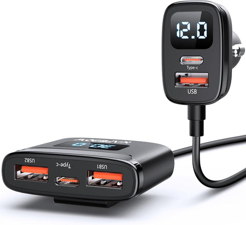 kapebow 78W Fast Charging USB C Car Charger, 5 Port Charger with Voltage Display, 5FT Extension for iPhone, iPad,