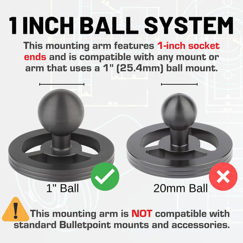 Bulletpoint 4" Aluminum Mounting Arm, Dual 1" Socket Connector Ends for 1 Inch Ball Mounts