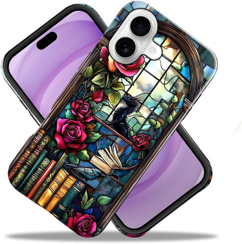 DAIZAG 17,Glossy Case Compatible with iPhone Durable Shock Protection Cover for Girl Women,Dinosaur Rose Bookshelf