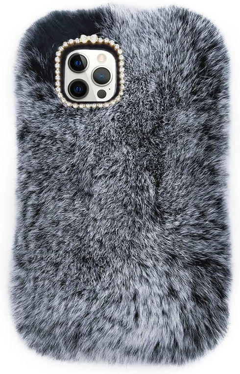 Losin Compatible with iPhone 15 Pro Case Cute Plush Case with Glitter Lanyard Strap Bling Diamond Camera Lens Protector Soft Winter Warm Plush Fluffy Cover for Women and Girls, Dark Gray