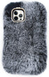 Losin Compatible with iPhone 15 Pro Case Cute Plush Case with Glitter Lanyard Strap Bling Diamond Camera Lens Protector Soft Winter Warm Plush Fluffy Cover for Women and Girls, Dark Gray