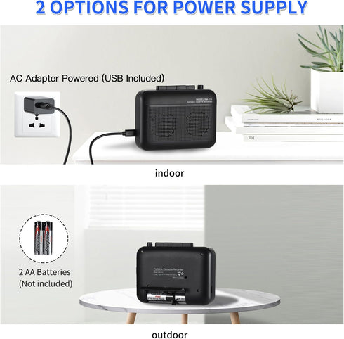 Portable Cassette Player Recorder with Bluetooth Transmitter, Walkman with Headphone Jack, Powered by AC or AA