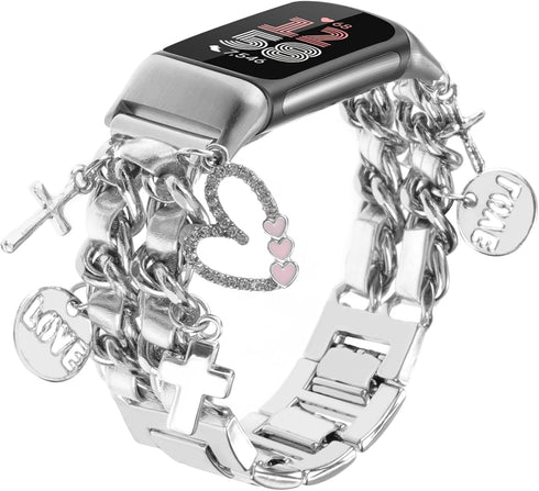 Stylish Metal Wristband for Fitbit Charge 6/5, Cute Strap with Love Cross Pendants, Chain Charms Bracelet