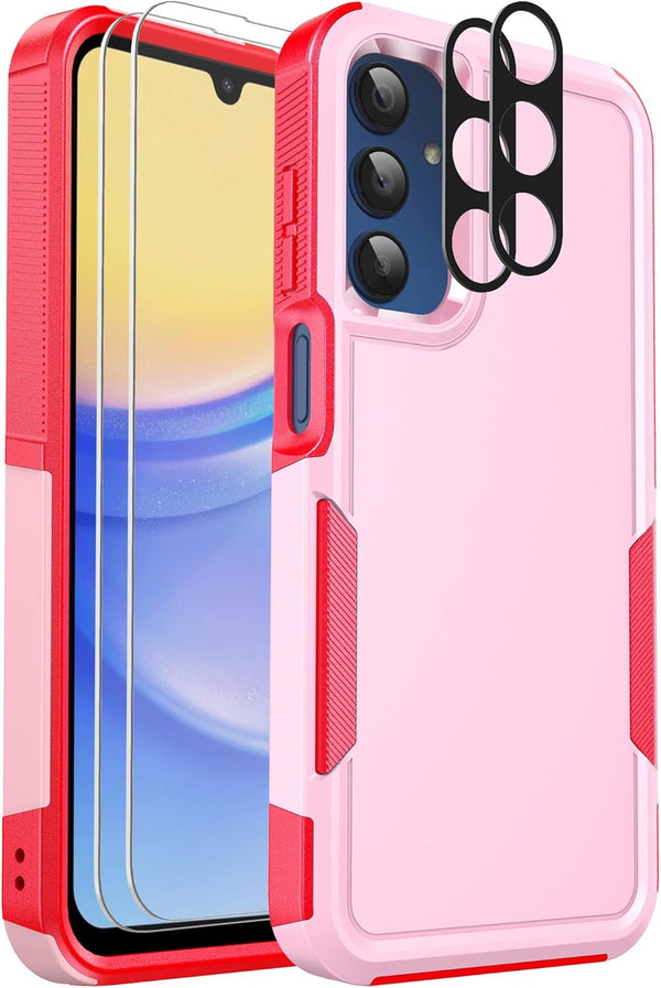 Ezanmull Non-Slip Shockproof Case for Samsung Galaxy A15 5G, with Glass Screen Protector, Pink