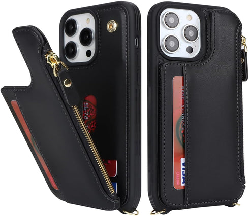 Cavor iPhone 13 Pro Case with Card Holder, Wallet Case for Women, Phone Case with Strap, Crossbody Lanyard and