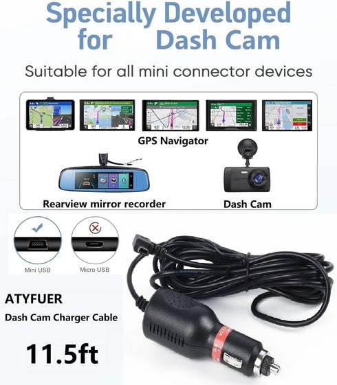 Dash Cam Charger Cable GPS Navigator Power Cord for Dash Cam GPS MP3 Player GPS Navigator Charging for 12V Car and 24V Truck Car Power Adapter Cable...