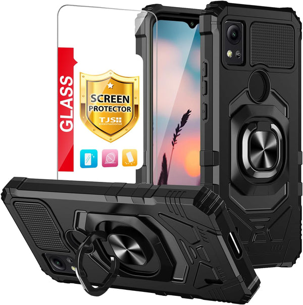 TJS Heavy Duty Phone Case for Cricket Icon 5 & AT&T Motivate 4, with Tempered Glass & Magnetic Kickstand (Black)