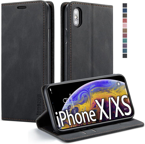 japezop iPhone Xs/iPhone X Wallet Case, RFID Blocking Card Holder, Premium Leather with Magnetic Kickstand, Black