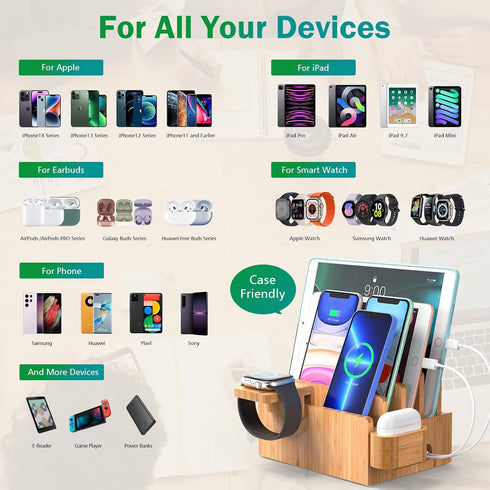Pezin & Hulin Bamboo Charging Station Organizer for Multiple Devices, Desktop Docking Station for Phone, Tablet,