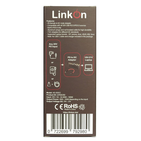 LinkOn 100W PD to DC Adapter USB-C Female to DC Male Plug for Legacy Laptops 19V to 21V