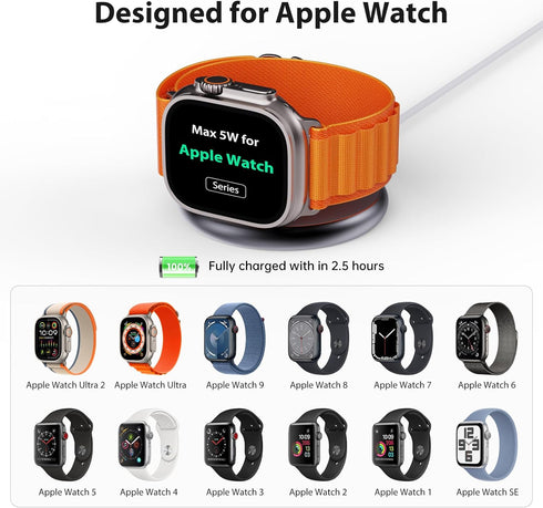 5W Fast Wireless Charger for Apple Watch, Aluminum Alloy Portable Magnetic Charging Station with USB-C Cable
