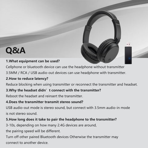 Wireless Bluetooth Headphone Over Ear, Wired and Wireless Headset, Bluetooth Transmitter for TV, PC, 3.5mm Audio Device