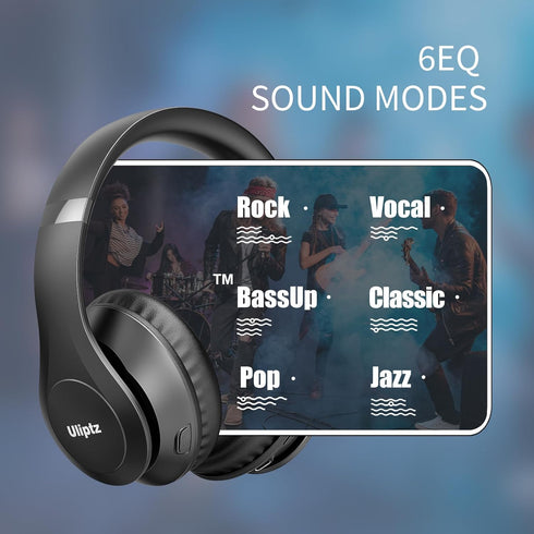 Uliptz Wireless Bluetooth Headphones, 65H Playtime, 6 EQ Sound Modes, HiFi Stereo Over Ear Headphones with Microphone,