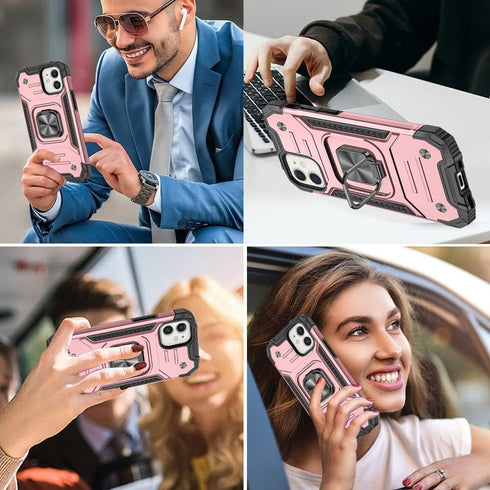 HNHYGETE iPhone 12/12 Pro Case with Screen Protector, Heavy Duty Military Grade 360° Rotatable Kickstand, Rose Gold