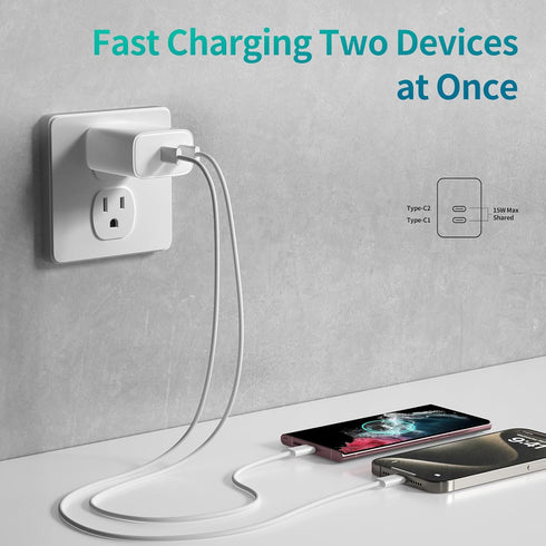 USB C Wall Charger - Fast 20W PD Power Adapter with Dual Type C Port for iPhone 15 Series, iPad Pro, AirPods (2Pack 3.3