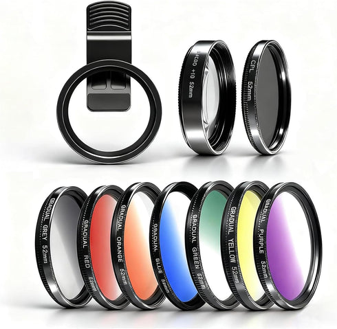 DRAMLOR 10 in 1 Phone Camera Lens Kit, 52mm Clip-on Glass CPL Polarizing