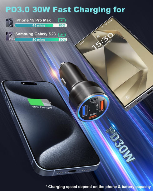 USB C Car Charger 65W, OKRAY 3-Pack 4-Port Fast Charging QC/PD/PPS Type C Car Phone Charger, Compatible for iPhone 15