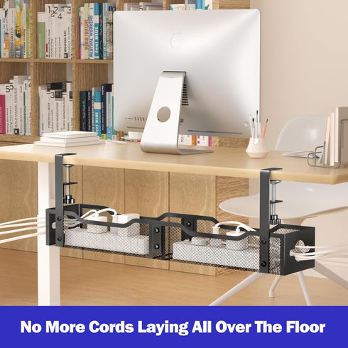 Under Desk Cable Management Tray 25.12", Extra Large No Drill Cord Organizer with Adjustable Clamps for Home Office