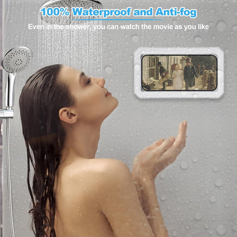 Waterproof Shower Phone Holder, Wall Mounted 360° Rotation Anti Fog HD Touch Screen Case for Bathroom Bathtub Kitchen