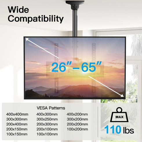 PERLESMITH Ceiling TV Mount for 26-65 inch Flat Screen Displays, Adjustable Ceiling Bracket Holds up to 110lbs