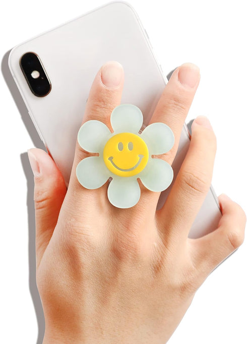 Cheerful Smiley Flower Phone Grip, Bright Expandable Collapsible, Comfortable Touch, Secure Grip, White